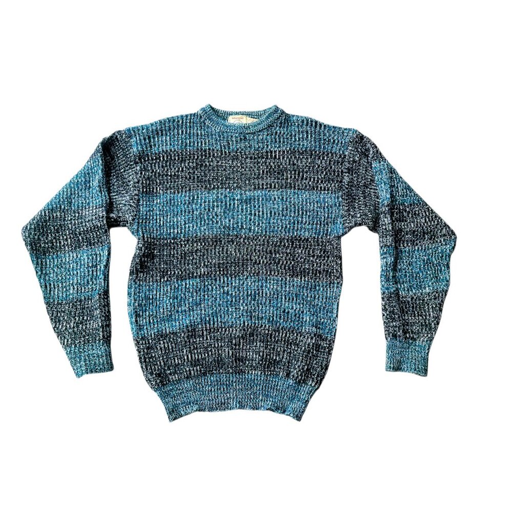 Vintage Wrangler Knit Sweater Mens L Blue Black Striped Acrylic USA Western 80s